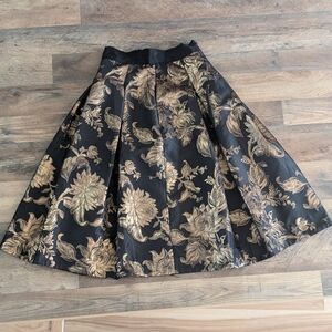 WHBM Black & Gold Floral A-line Midi Skirt